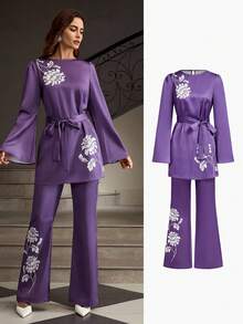 ZEYLAH Women's Bell Sleeve Top And Bell Bottom Pants Set - Purple - View 7