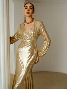 ZEYLAH Women's Elegant Long Sleeve Dress, Simple & Chic, Gold Color - Champagne - View 2