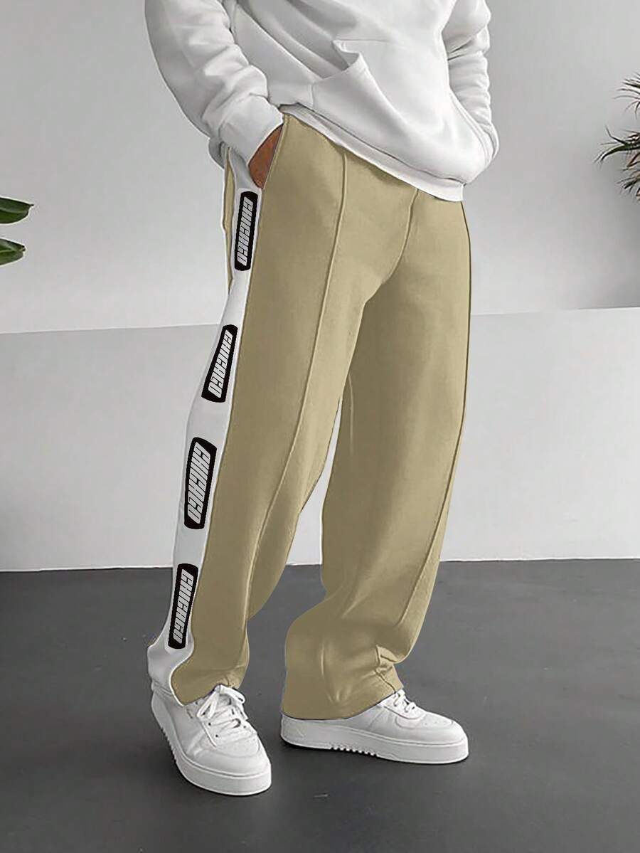 Claim Dot Loose Men's Patchwork Side Seam Drawstring Waist Pants Mens Sweatpants Mens Letter Print Pants - Khaki - View 1