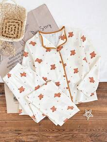 2件套女童小熊印花褶皱面料休闲舒适睡衣套装 - 杏色 - 查看 4