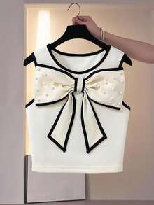 SHEIN 时尚休闲珍珠蝴蝶结可拆卸撞色滚边无袖上衣，适合少女夏季旅行、度假、海滩和户外活动穿着。 - 杏色 - 查看 1