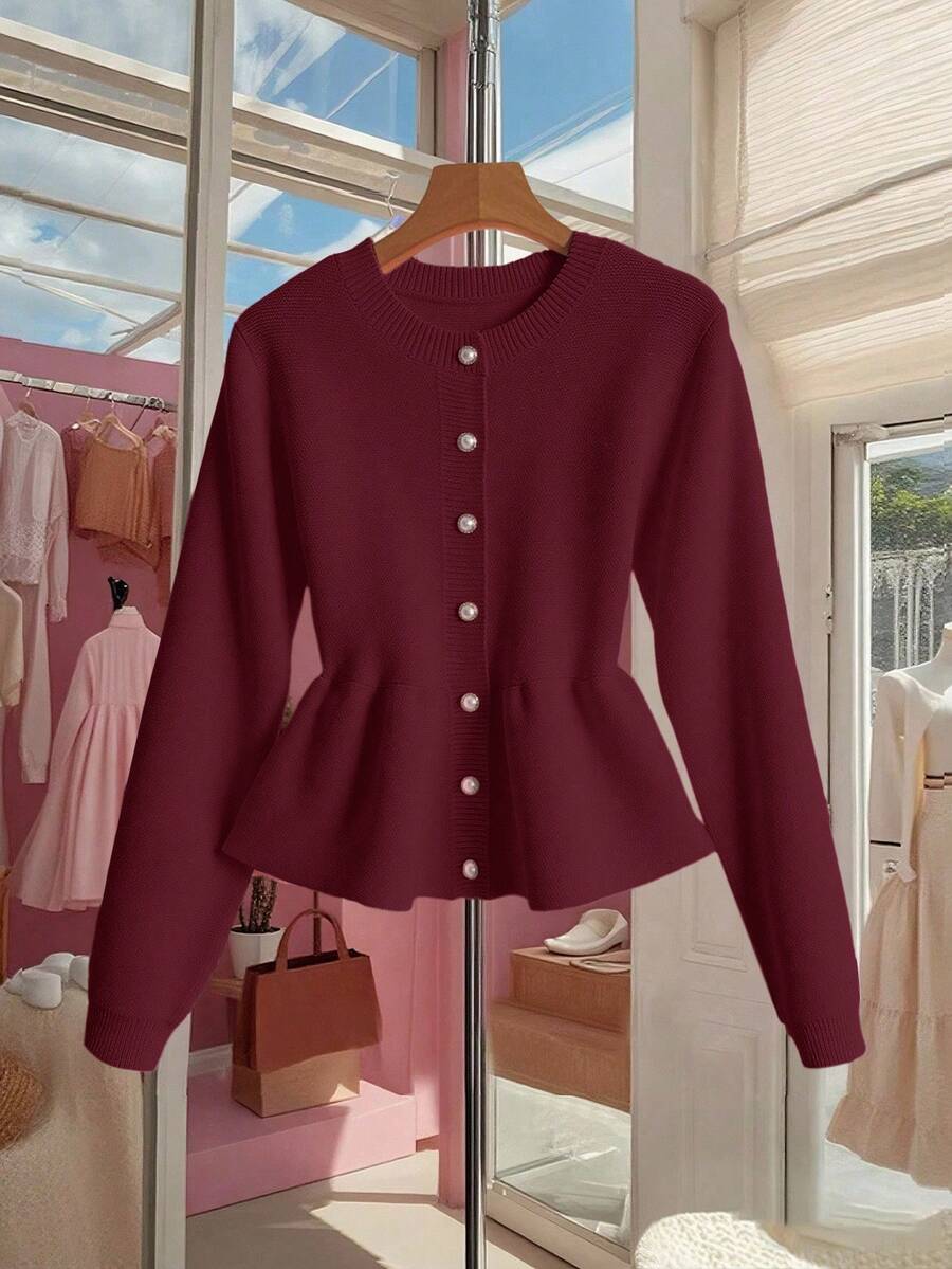 Franclia 女士优雅时尚简约百搭圆领荷叶边下摆修身开衫毛衣，秋冬款 - 玫瑰紅 - 查看 1