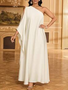 SHEIN Lady 女士纯色不对称蝙蝠袖宽松长裙 - 杏色 - 查看 3