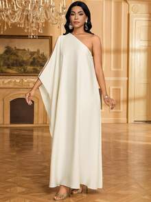 SHEIN Lady 女士纯色不对称蝙蝠袖宽松长裙 - 杏色 - 查看 6