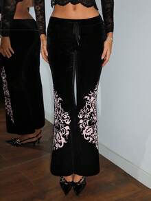 EgrlEra Women's Floral Print Drawstring Waist Casual Punk  Flare Pants,Punk Outfits - Multicolor - View 3