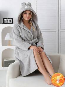 1pc Plus Size Women Gray Plush Hooded Robe With Bear Face And Ear Decor, Soft Knit Fabric With Embroidered Smiling Bear Face, Long Sleeve Full Length Jumpsuit Loungewear, Stretchy Knit Fabric Machine Washable Comfortable Fit Family Matching Outfits Mommy And Me (2 Sets Are Sold Separately), For Fall & Winter