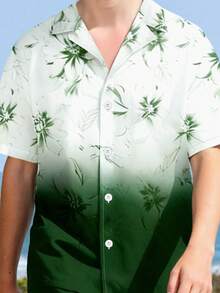 Fantacosmos 2pcs Teenage Boy Gradient Print Shirt Set, Minimalist Gradient Green & White Shirt With Fresh, Non-Gaudy Plant Elements, Paired With Matching Pants For A Clean, Proper Boy Outfit, Spring/Summer - Green - View 3