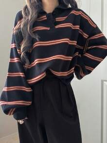 FRIFUL 女士休闲日常办公通勤学院风条纹图案高领宽松针织衫，秋冬款 - 藏蓝色 - 查看 4