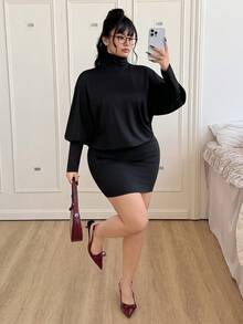 SHEIN EZwear Đầm suông hở lưng tay cánh dơi cổ cao thời trang cỡ lớn, phù hợp cho mùa xuân và mùa thu - màu đen - Xem 8