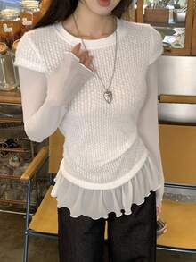 DAZY 女士圆领长袖荷叶边下摆二合一T恤 - 灰色 - 查看 8