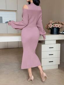 DAZY Women's Elegant Solid Color Sleeveless Dress, Off Shoulder Long Sleeve Sweater, 2-Piece Set, Autumn/Winter - Pink - View 2