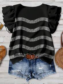 EMERY ROSE Blus Wanita Lengan Ruffle Dua Lapis Motif Garis Bergelombang Foil Imitasi Gaya Pesta Minimalis Kasual, Cocok untuk Musim Semi/Panas - MultiWarna - View 2