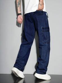 Manfinity Hypemode Loose Fit Men's Flap Pocket Side Cargo Jeans Men Navy Blue Denim - Dark Wash - View 2