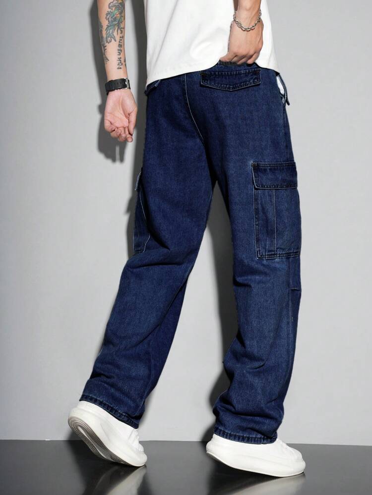 Manfinity Hypemode Loose Fit Men's Flap Pocket Side Cargo Jeans Men Navy Blue Denim - Dark Wash - View 2