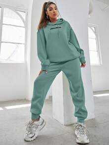 EURMUSE Cotton Slogan Graphic Drop Shoulder Drawstring Hoodie & Sweatpants - Mint Green - View 6