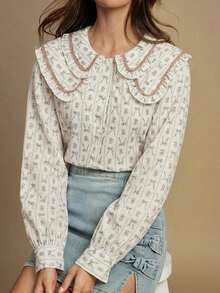 WESTFADE Floral Bow Stripe Double Layer Ruffle Peter Pan Collar Button Front Long Sleeve Blouse Top - Pink - View 5