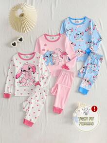 3pcs Girls Pajama Set, Cute Rabbit Print Snug Fit Round Neck Long Sleeve Top And Long Pants, Sleepwear Outfit - Multicolor - View 1
