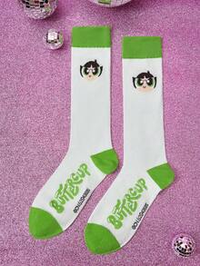 THE POWERPUFF GIRLS X SHEIN 1 par de calcetines azules para mujer con gráficos de dibujos animados y letras - Multicolor - Ver 1