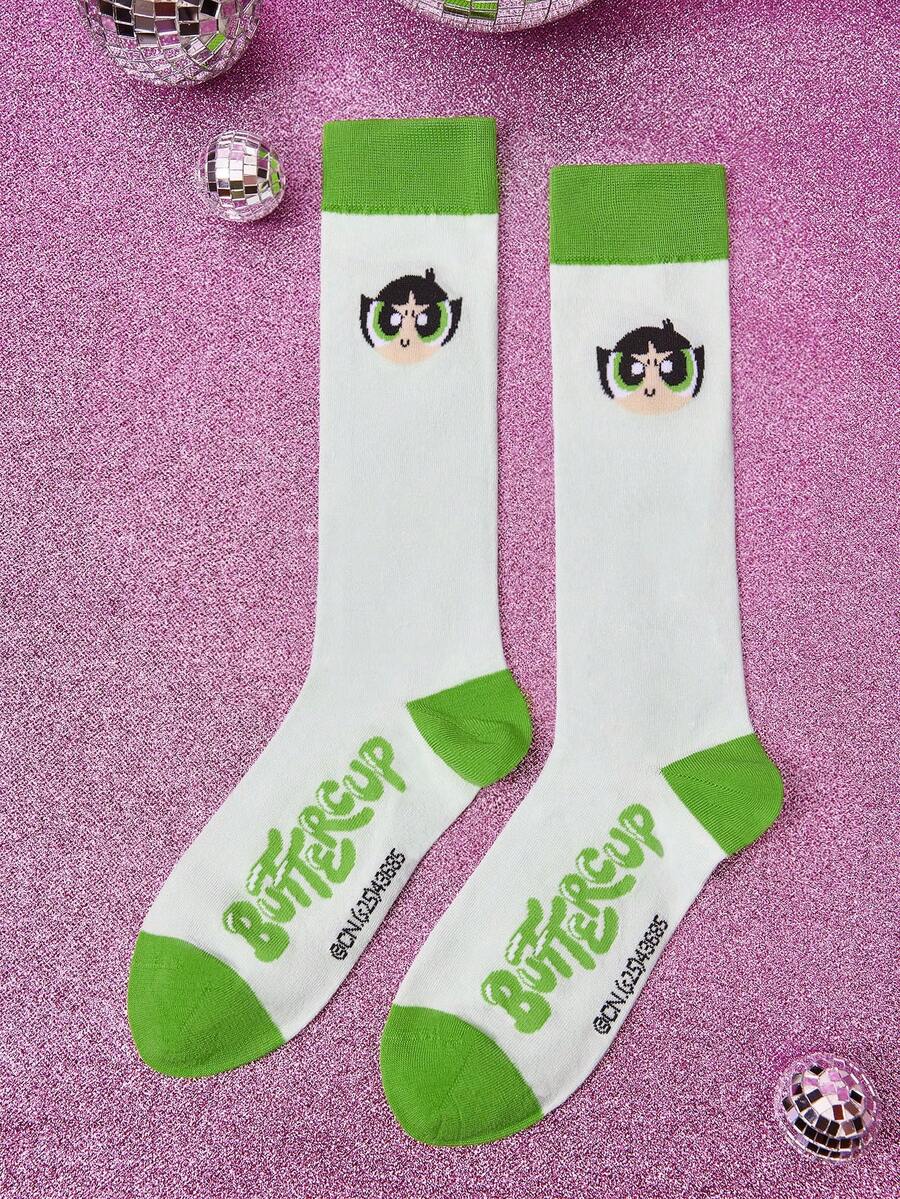 THE POWERPUFF GIRLS X SHEIN 1 par de calcetines azules para mujer con gráficos de dibujos animados y letras - Multicolor - Ver 1