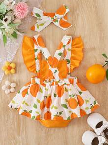SHEIN Baby Girl Sweet Donut & Candy Printed Sleeveless Dress With Bowknot Decoration, Ruffled Hemline For Summer Baby Romper Dress - Orange - View 2