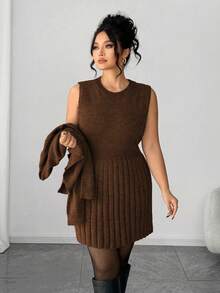 Elenzga Women's Elegant Sleeveless Dress With Long Sleeve Cardigan,Loose Fit Plus Size Knit Sweater Set,Brown Autumn Everyday Back-To-School Outerwear Dress - Coffee Brown - View 4