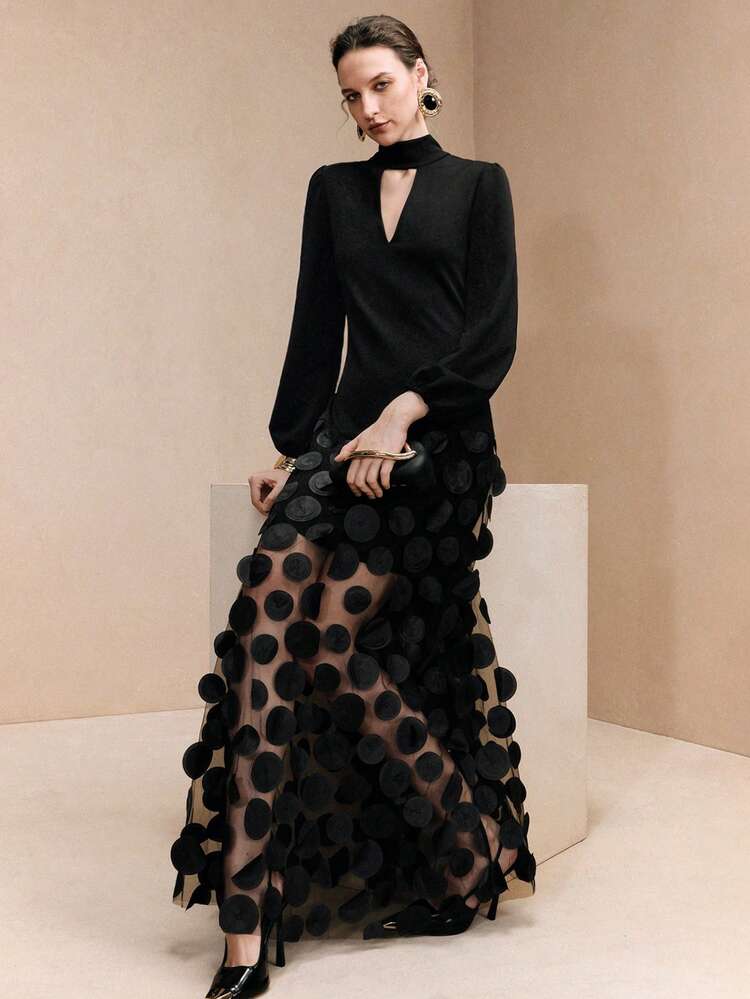 Arave Vestido de mujer con encaje floral circular, hombros caídos y cintura ceñida, elegante. - Negro - Añade 7