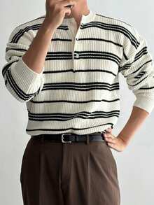 DAZY 男士黑白条纹圆领半拉链毛衣，秋冬款 - 彩色 - 查看 2