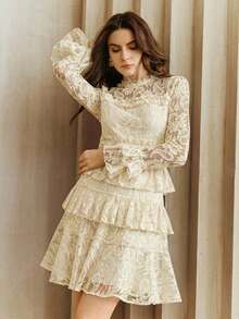 Anewsta 优雅女士蕾丝荷叶边拼接性感蕾丝连衣裙，圆领长袖，优雅通勤连衣裙，花卉图案，可能与产品图片略有不同，适合秋季、冬季、春季、新年、派对、婚礼、时尚、正式、工作、感恩节、毕业典礼、圣诞节、节日等场合。 - 杏色 - 查看 4