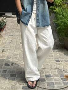 DAZY Men's Solid White Elastic Waist Pants, Lightweight Crinkle Fabric, Spring/Summer - White - View 5