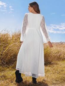 Boho Mama Spring Outfit Women Maternity Solid Color Long Sleeve V-Neck Contrast Lace Dress,White Lace Slit Maxi Dress For Pregnant Women - White - View 2