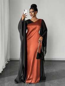 Maweii 大码女式V领网纱拼接优雅荷叶袖收腰派对连衣裙 - 彩色 - 查看 1