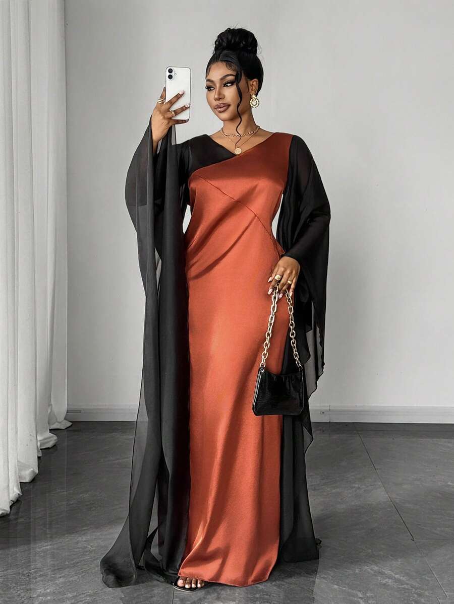 Maweii 大码女式V领网纱拼接优雅荷叶袖收腰派对连衣裙 - 彩色 - 查看 1