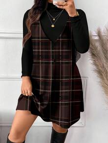 SHEIN Frenchy 大码女式纯色高领长袖T恤和格子吊带连衣裙休闲两件套 - 咖啡棕 - 查看 3
