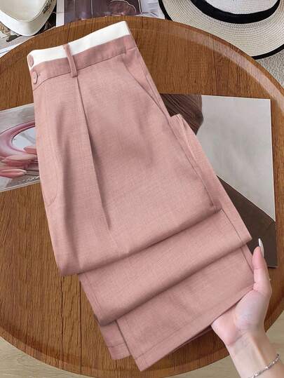 SHEIN PETITE Plus Size Women Contrast Waistband Straight Leg Pants