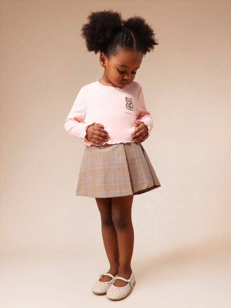 Ribbed Long Sleeve Crop Top With Bear Embroidery
