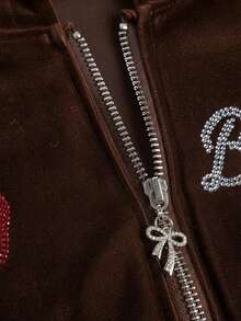 Betty Boop | ROMWE Y2K Rhinestone Betty Pattern Velvet Hooded Sweatshirt & Pants Set - Brown - View 7