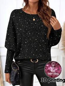 EMERY ROSE Women's Casual Elegant All-Over Print Batwing Sleeve Round Neck T-Shirt, Autumn 3D Printing Black Rhinestone Top Glitter Top Women Black Sparkly Top Black Sequin Top Bling Top - Multicolor - View 1