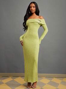 NYA SZN Vestido de hombros descubiertos de manga larga con herrajes, ajustado y entallado de punto acanalado, de punto, verde, para fiestas navideñas, Año Nuevo, eventos y fiestas, de lujo y elegante, de largo maxi para mujeres - Verde - Ver 6