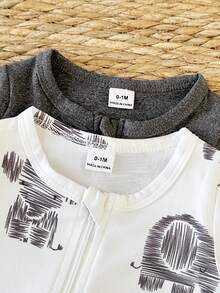 SHEIN 2件套男婴白色和灰色可爱大象印花圆领长袖连体衣，适合秋冬季外出穿着，舒适百搭