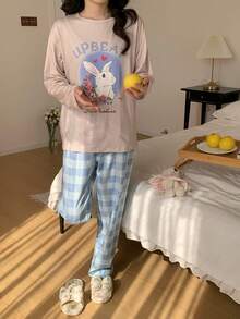 2件組青少年女孩天藍色睡衣套裝 秋季可愛優雅家庭款 格紋兔子與花卉印花圓領長袖上衣與長褲 - 薄荷藍 - 查看 4