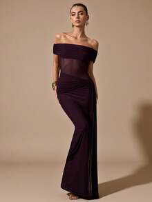 SHEIN BAE Burgundy Maroon Off-The-Shoulder Waist See-Through Sexy Bodycon Maxi Elegant Dress Suitable For Holidays, Weddings, Birthdays, Graduation Season - Burgundy - View 4