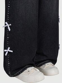 SHEIN Tween Girl Fashionable & Sweet Heart Embroidery Straight Leg Loose Fit Jeans Baggy Jeans Y2k Baggy Jeans - Dark Grey - View 7