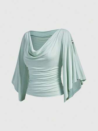 Hippie Vintage, locker geschnittenes Damen T-Shirt mit Off-Shoulder, Holzperlen-Dekor, Rundhalsausschnitt und geraffter Taille, Fledermausärmel