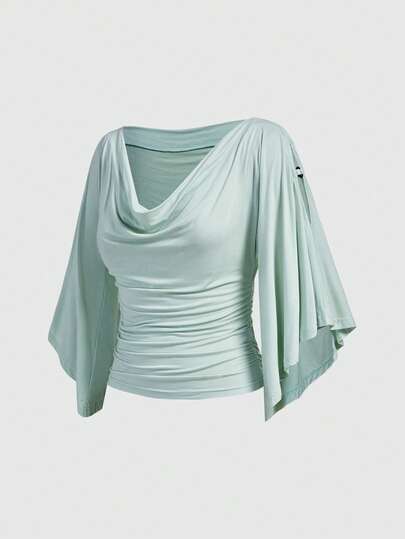 ROMWE Hippie Vintage Loose Off-Shoulder Wooden Bead Decor Scoop Neck Cinched Waist Batwing Sleeve Women T-Shirt