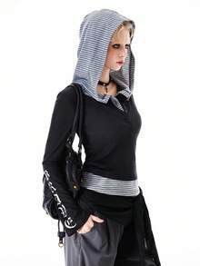 Bloopia 女士哥特风印花修身长袖连帽针织上衣，时尚百搭，适合秋季穿着 - 黑色 - 查看 3