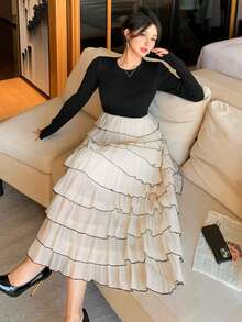 DAZY Women's Elegant Color Block Ruffle Hem Sweater Dress, Autumn/Winter