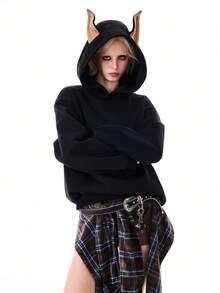 Bloopia Women's Woven Sweatshirt With Doberman Ear Design, Long Sleeve, Fashionable Loose Fit Pullover Sweatshirt For Autumn