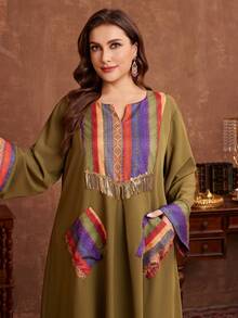 Al Najma Casual Comfortable Print Patchwork Solid Color Long Sleeve Loose Plus Size Women Arabic Maxi Dress, Suitable For All Occasions In Spring And Autumn