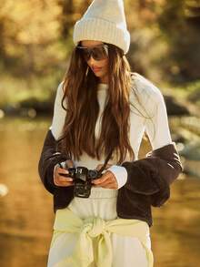 GLOWMODE Áo khoác nỉ mềm mại, ấm áp, chống gió, cổ áo cong, vạt áo thiết kế dài đến hông, có khóa kéo và túi bên hông, thích hợp mặc hàng ngày vào mùa thu đông. - Màu nâu Sô-cô-la - Xem 6