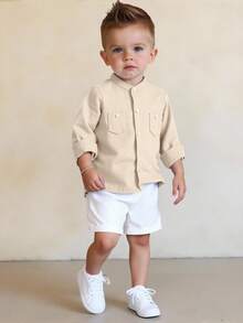 Bubblio Bộ 2 áo sơ mi dài tay cổ tròn phong cách đô thị giản dị cho bé trai và quần short cạp chun, thích hợp cho tiệc sinh nhật, tiệc tối, biểu diễn, đám cưới, tiệc chào đón em bé, tiệc mừng sinh nhật lần thứ 1 - Màu be - Xem 6